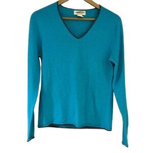Peck & Peck Teal Cashmere Sweater V-Neck Contrast Trim
